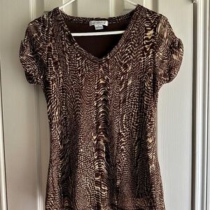 Liz Claiborne Size Small Brown and Cream Print Short-Sleeve Blouse Work Wear